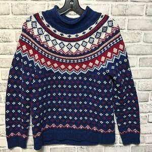 Lands End Women's Sweater Fair Isle Red, White, and Blue Sweater, Size Small